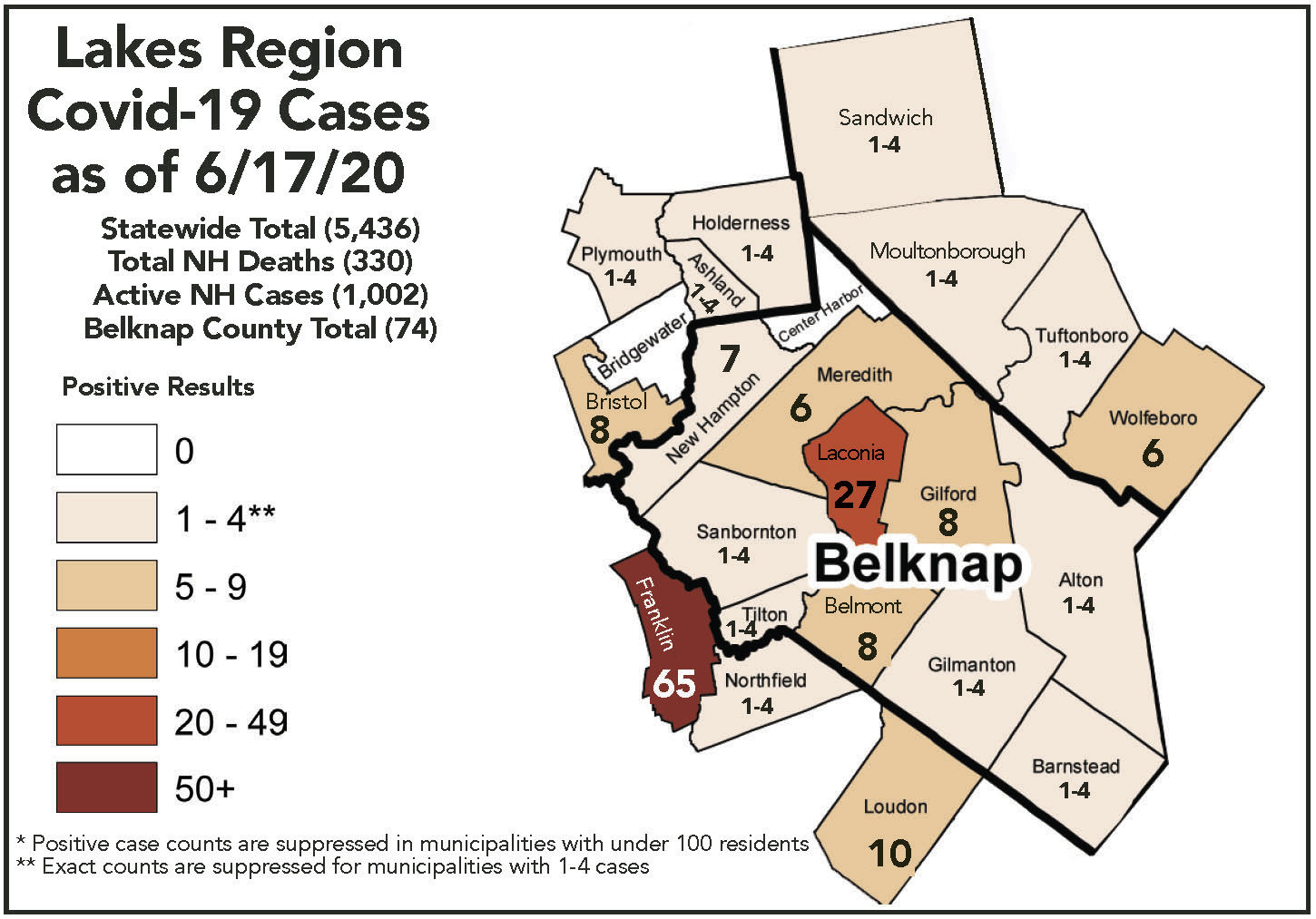 Cases in Belknap County and the surrounding area, as of June 17